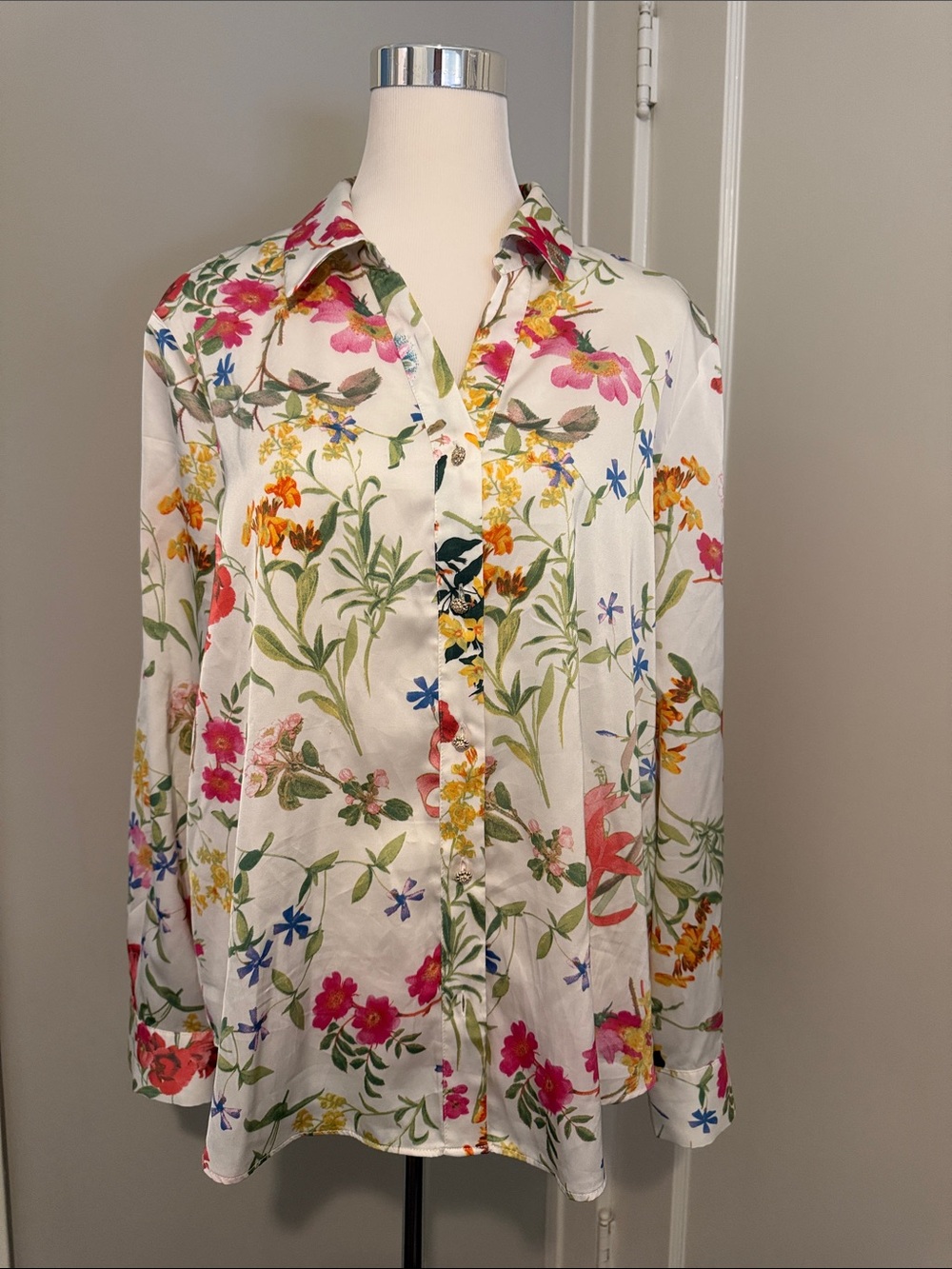 Floral Satin Blouse with jeweled buttons